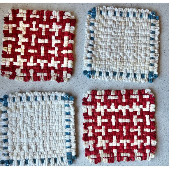 Handwoven Cotton Pot Holders Set Of 5 - Multicolor Large & Red/White/Blue Small - Picture 3 of 13